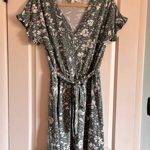 French Grey Sage Green Floral Midi Dress with Tie Waist